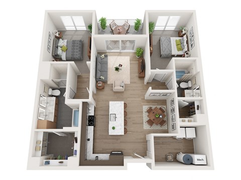 Floor plan for 2 beds, 2 baths, 1261 sqft